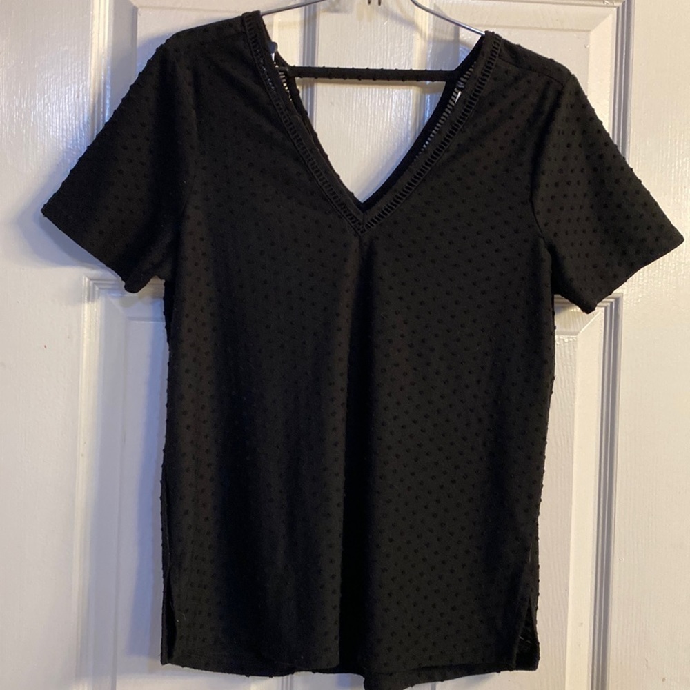 DR2 V Neck Black Short Sleeve Top Polka Dot Small
